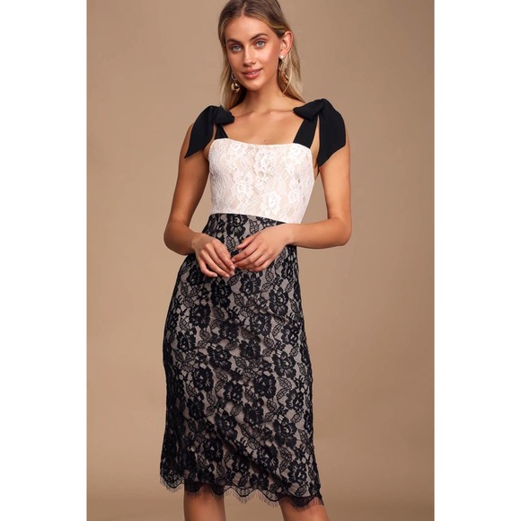 NWT Lulu’s Tiffani Black and White Lace Color Block Midi Dress Medium - Picture 1 of 9